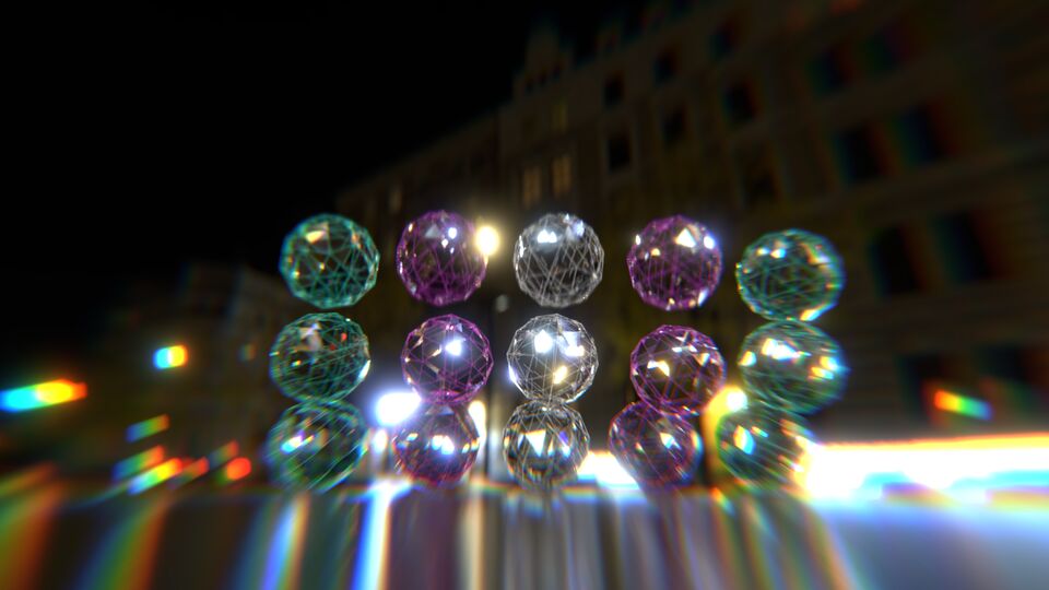 A render of glassy wireframe spheres making up the trans flag, with a lot of distortion