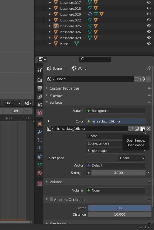 An screenshot of blender UI, showing how to set the world background to the HDRI file mentioned above
