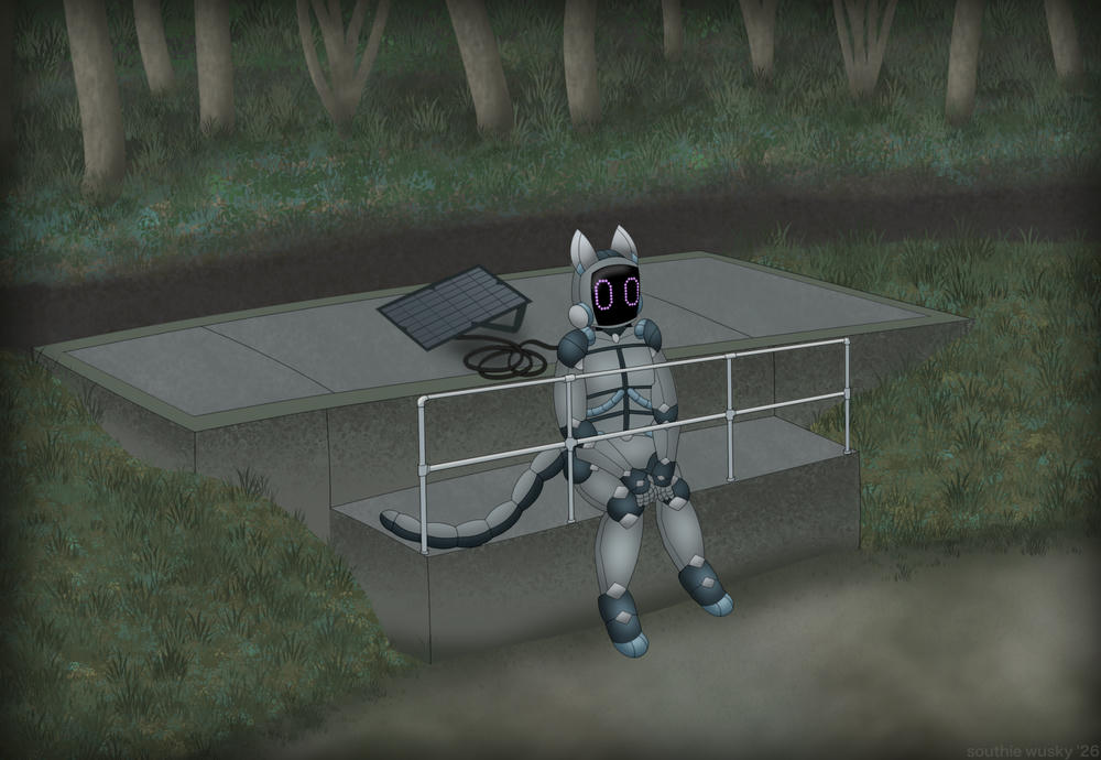 a robot cat sitting on a concrete structure in
the forest, with a solar panel plugged into it, looking over a river